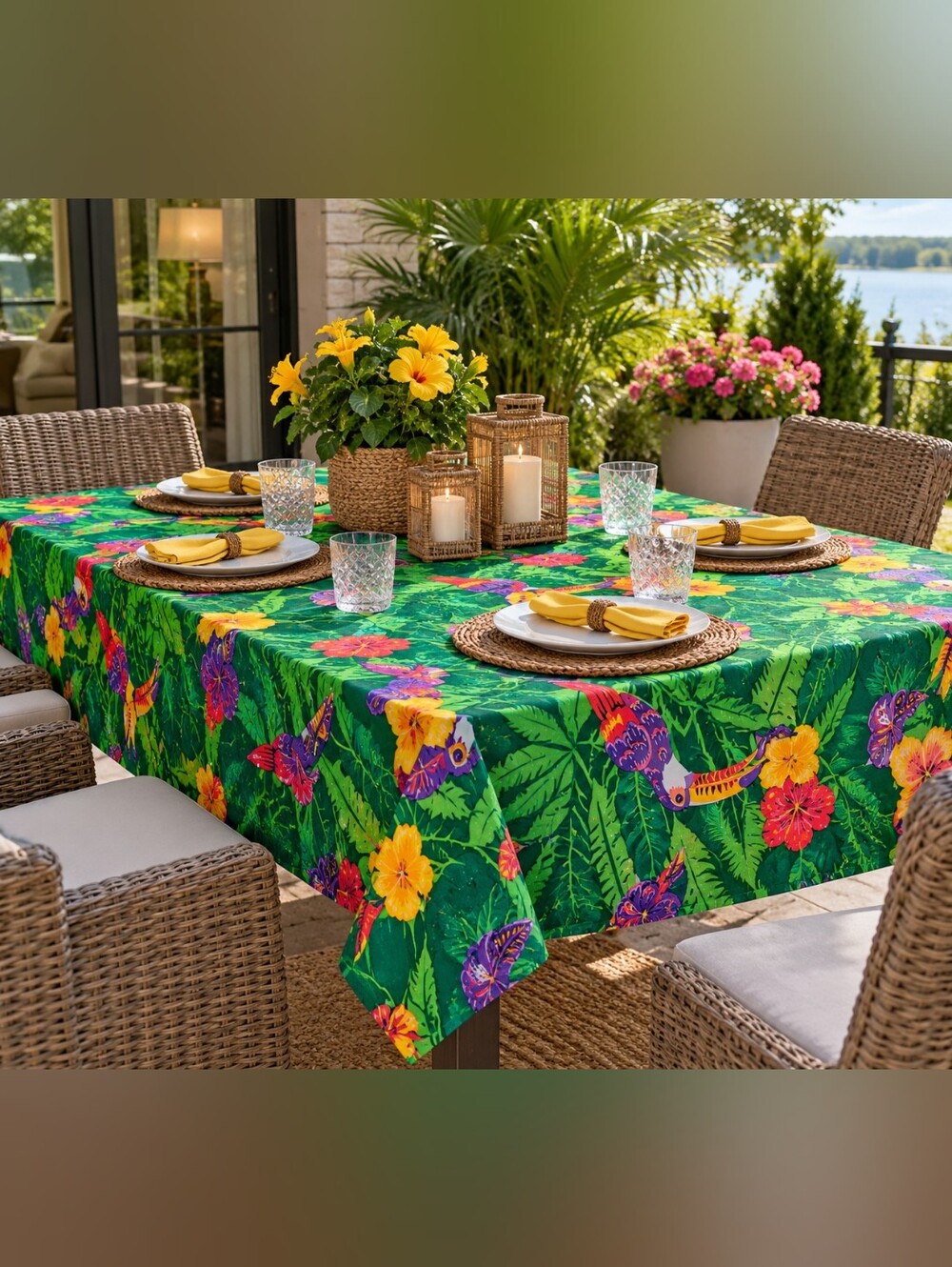 Vibrant Tropical Floral Tablecloth in Green